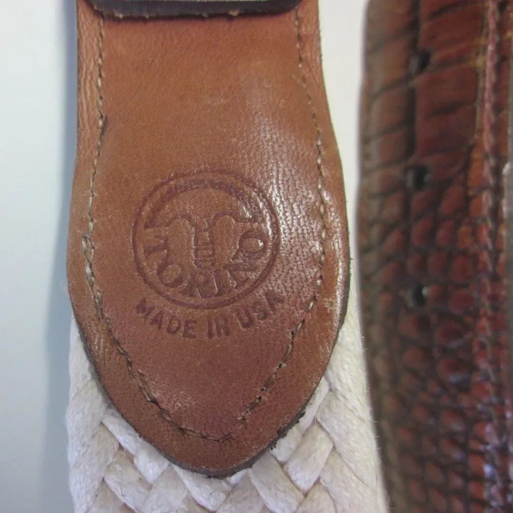 Torino Mens Size 36 Woven Cream Cotton Belt with Leather Accents & Brass Buckle